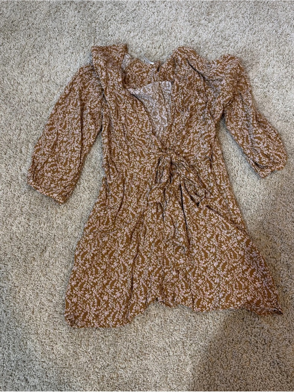 Free People Brown Floral Tie-Waist Long Sleeve Dress